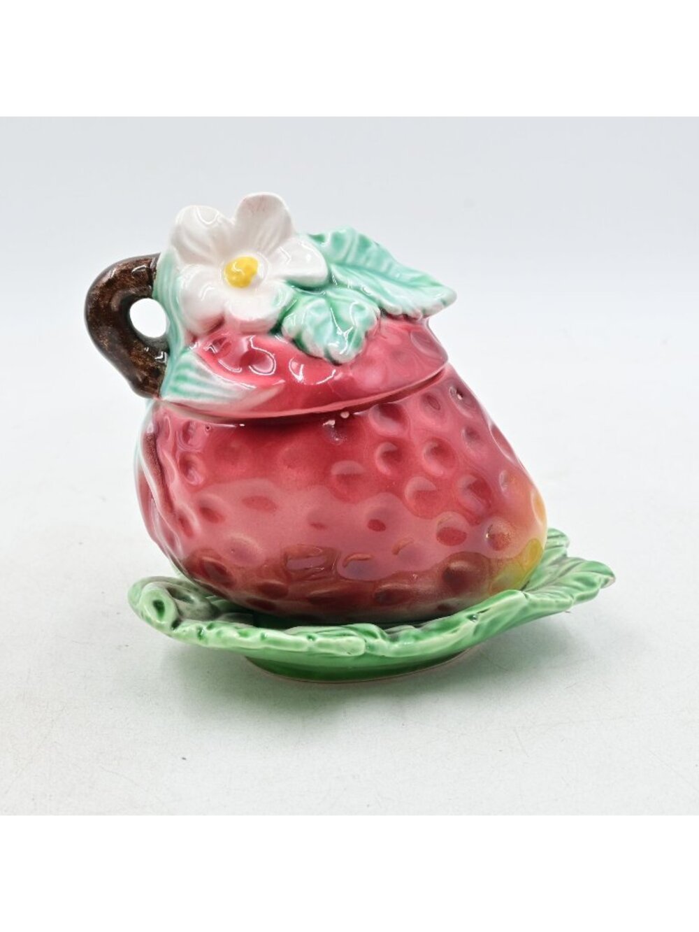 Majolica Strawberry Ceramic Jam Jar Server Pot Lidded Molded Leaf Base Vintage